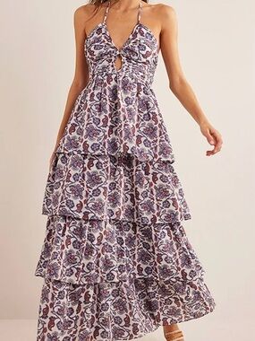 Boden Ruched Tiered Maxi Dress Nightshade Halter Floral Summer Vacation Resort